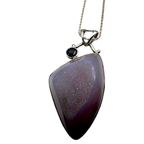 Italian 925 Sterling Silver Necklace With Faceted Garnet & Agate Pendant.  B11 - Picture 11 of 14